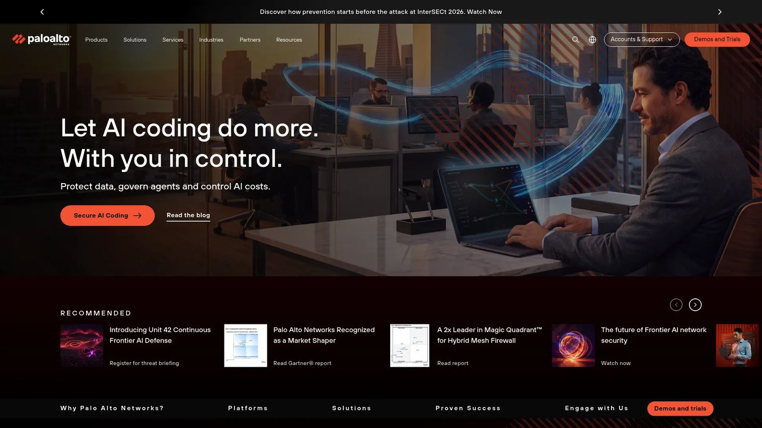 Palo Alto Networks homepage showing medical IoT and security portfolio