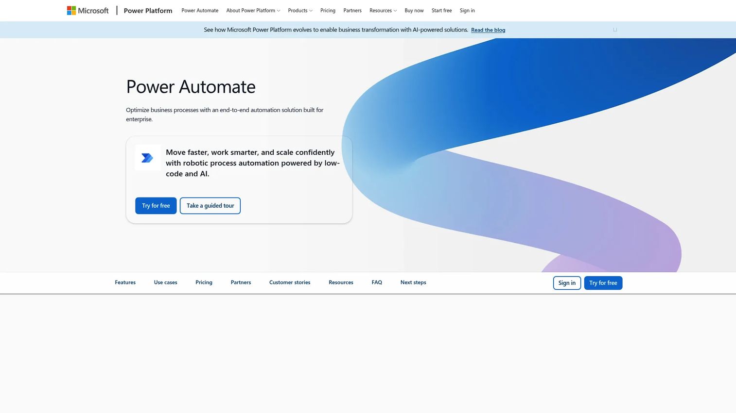 Microsoft Power Automate platform homepage