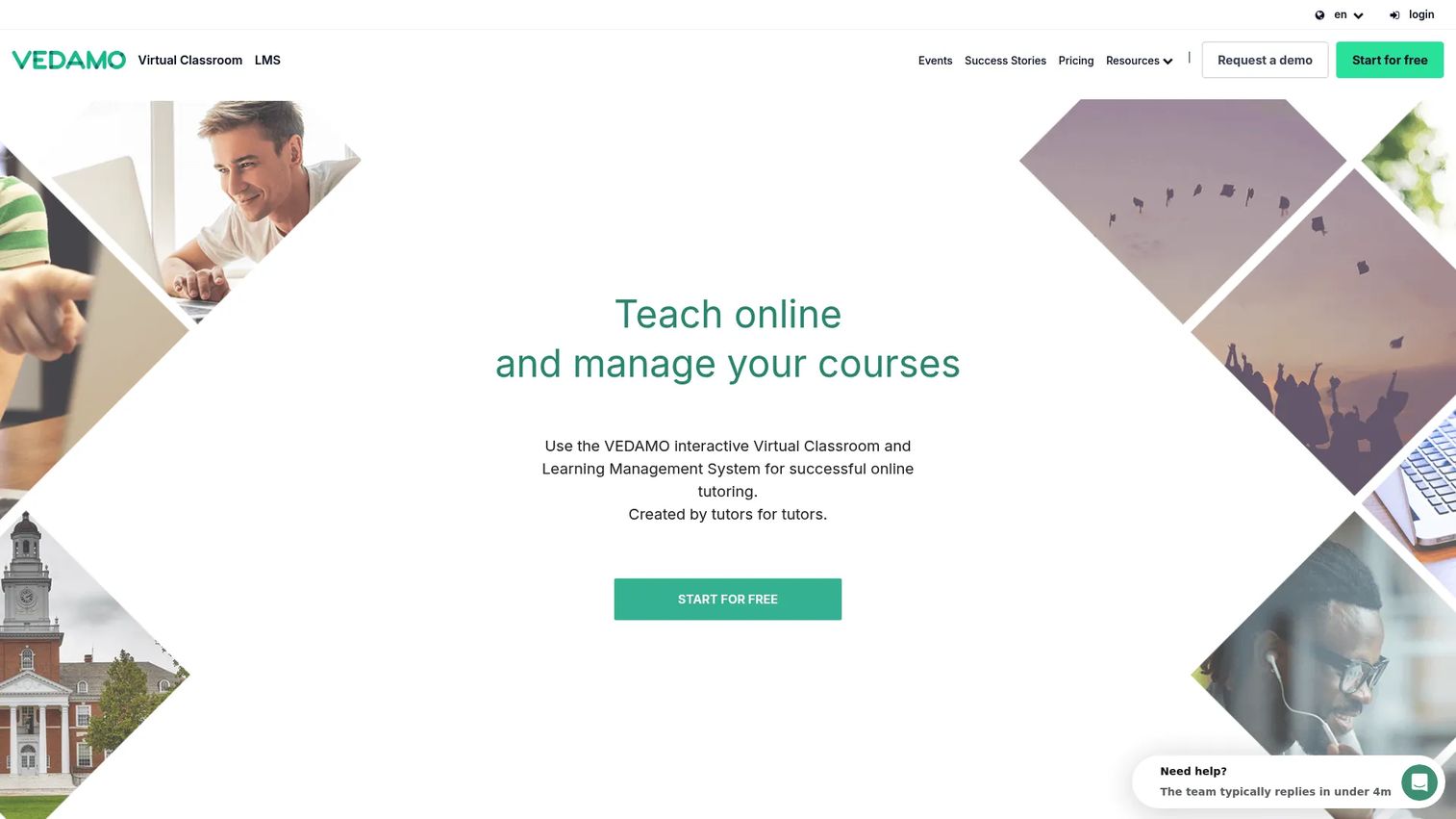 Vedamo virtual classroom platform homepage