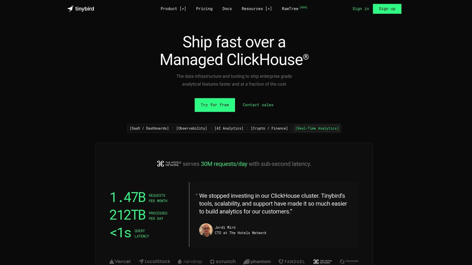 Tinybird real-time analytics API workspace