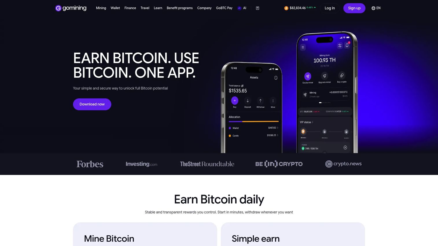 GoMining hosted Bitcoin mining platform dashboard