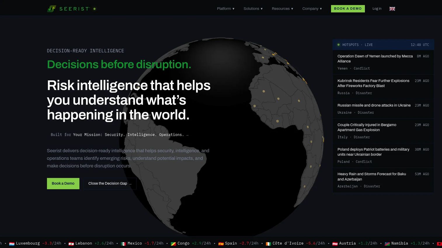 Seerist risk intelligence platform showing threat feed, global map, and asset risk monitoring