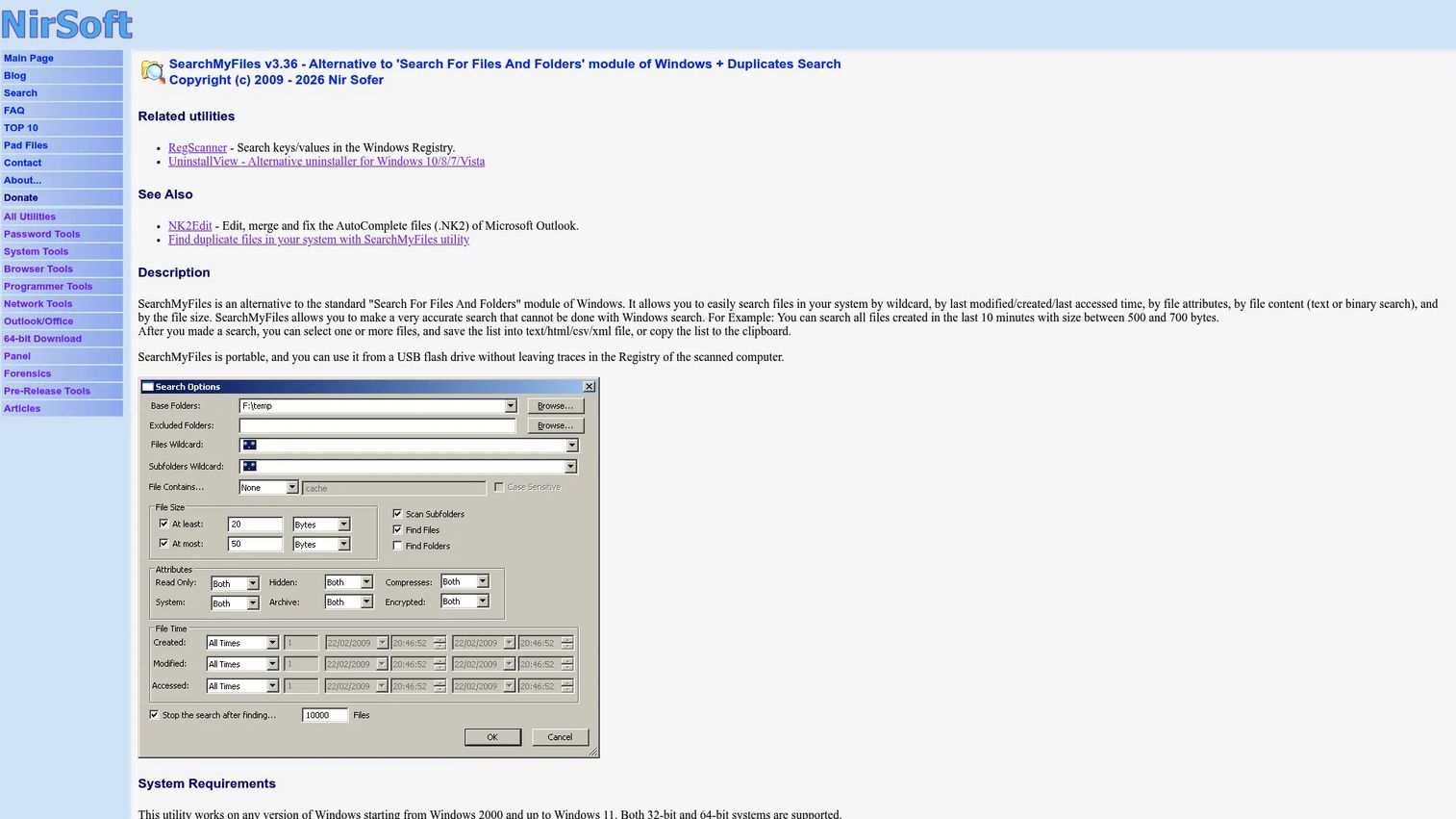 SearchMyFiles portable search utility with advanced filters