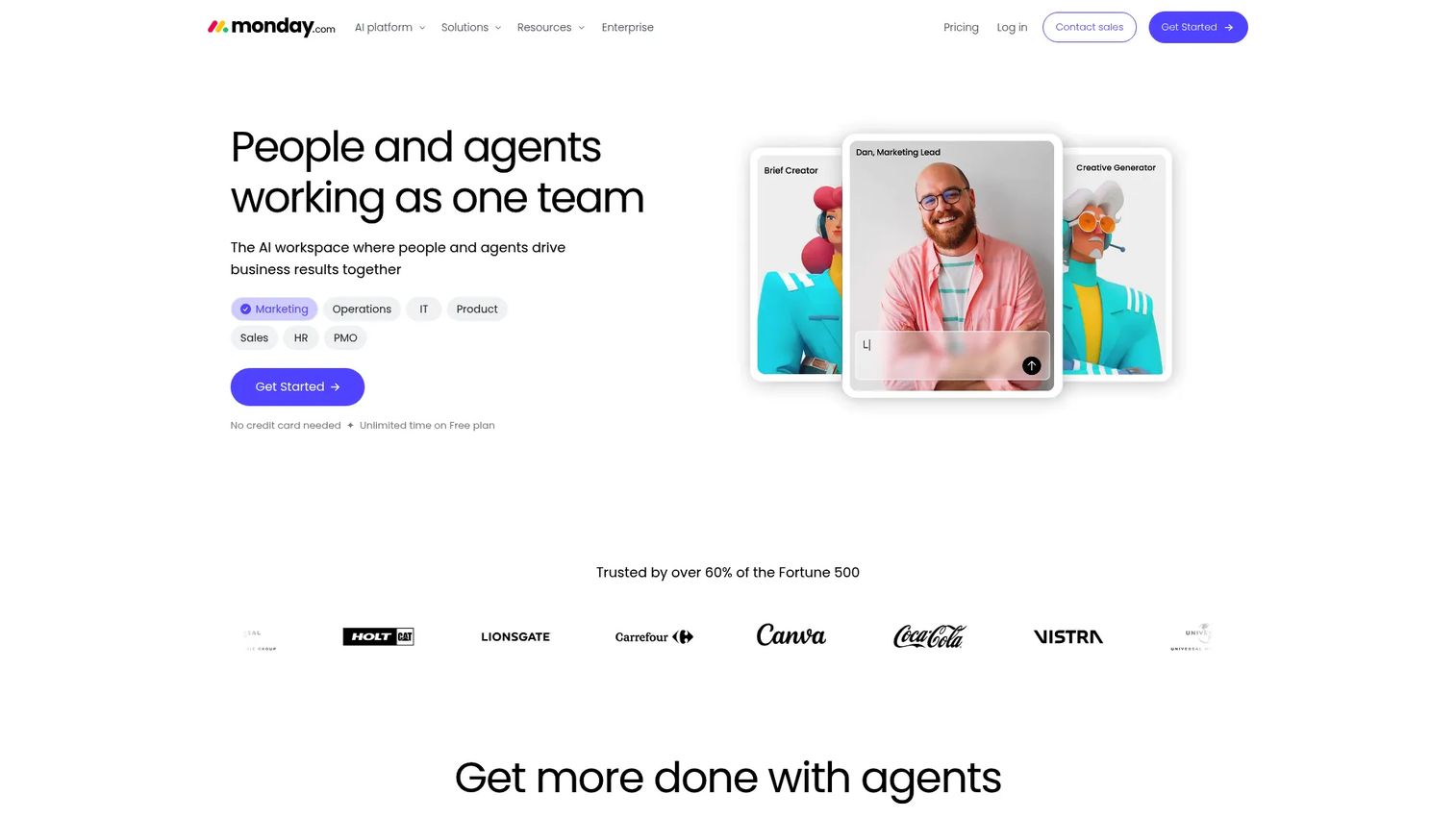 monday.com homepage showing visual workflow boards, dashboards, and automation