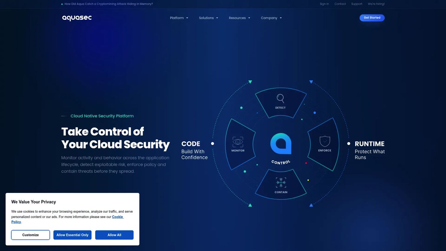 Aqua Security container and workload protection dashboard