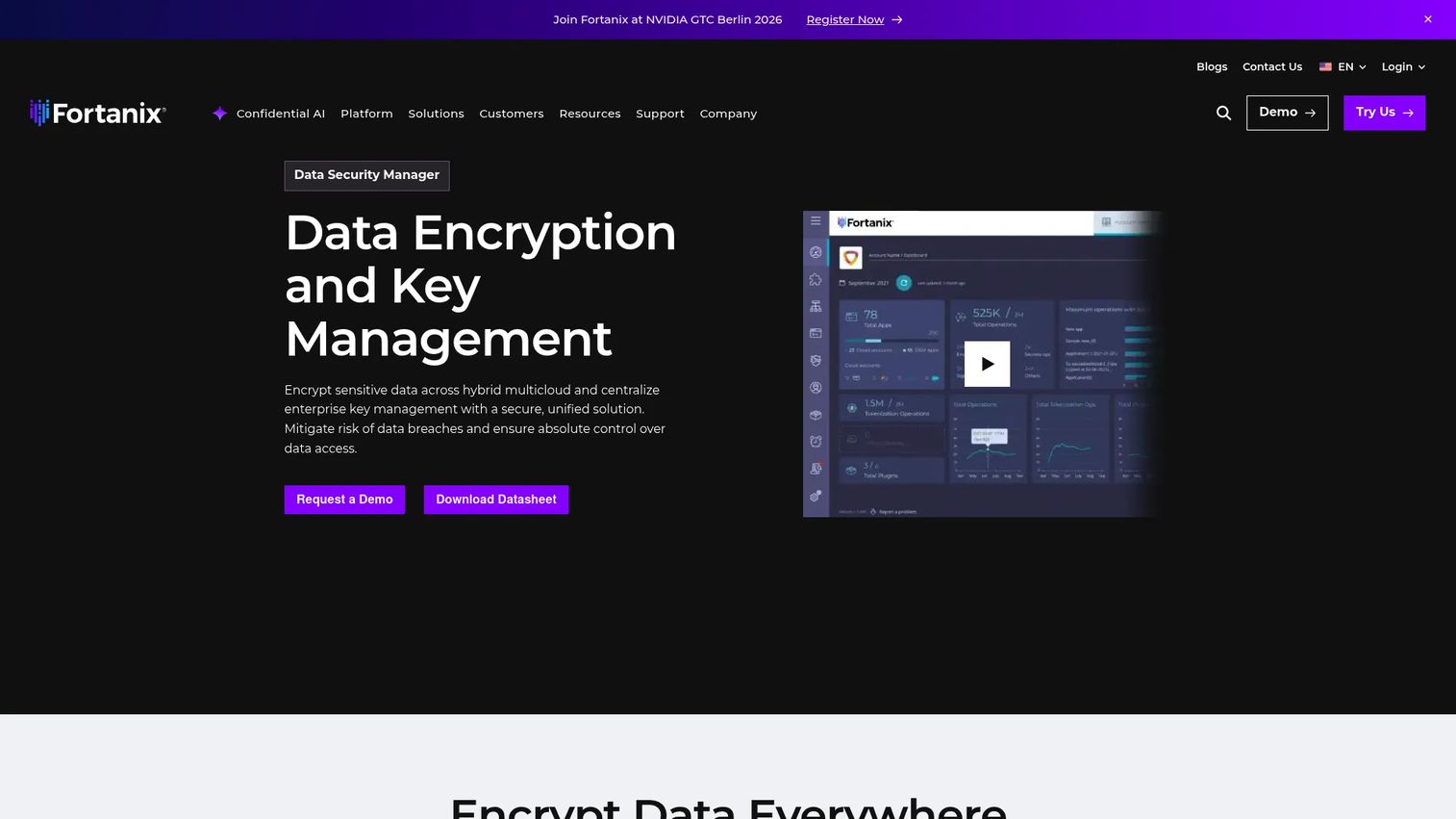 Fortanix Data Security Manager homepage showing multi-cloud encryption key management