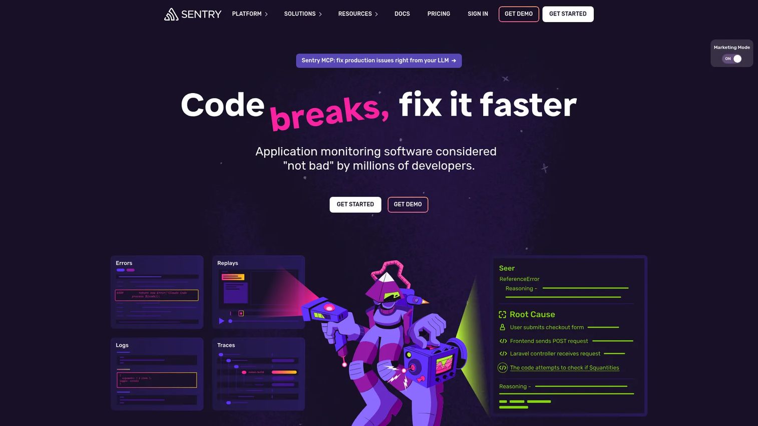 Sentry mobile crash issue detail with stack trace, breadcrumbs, and release context