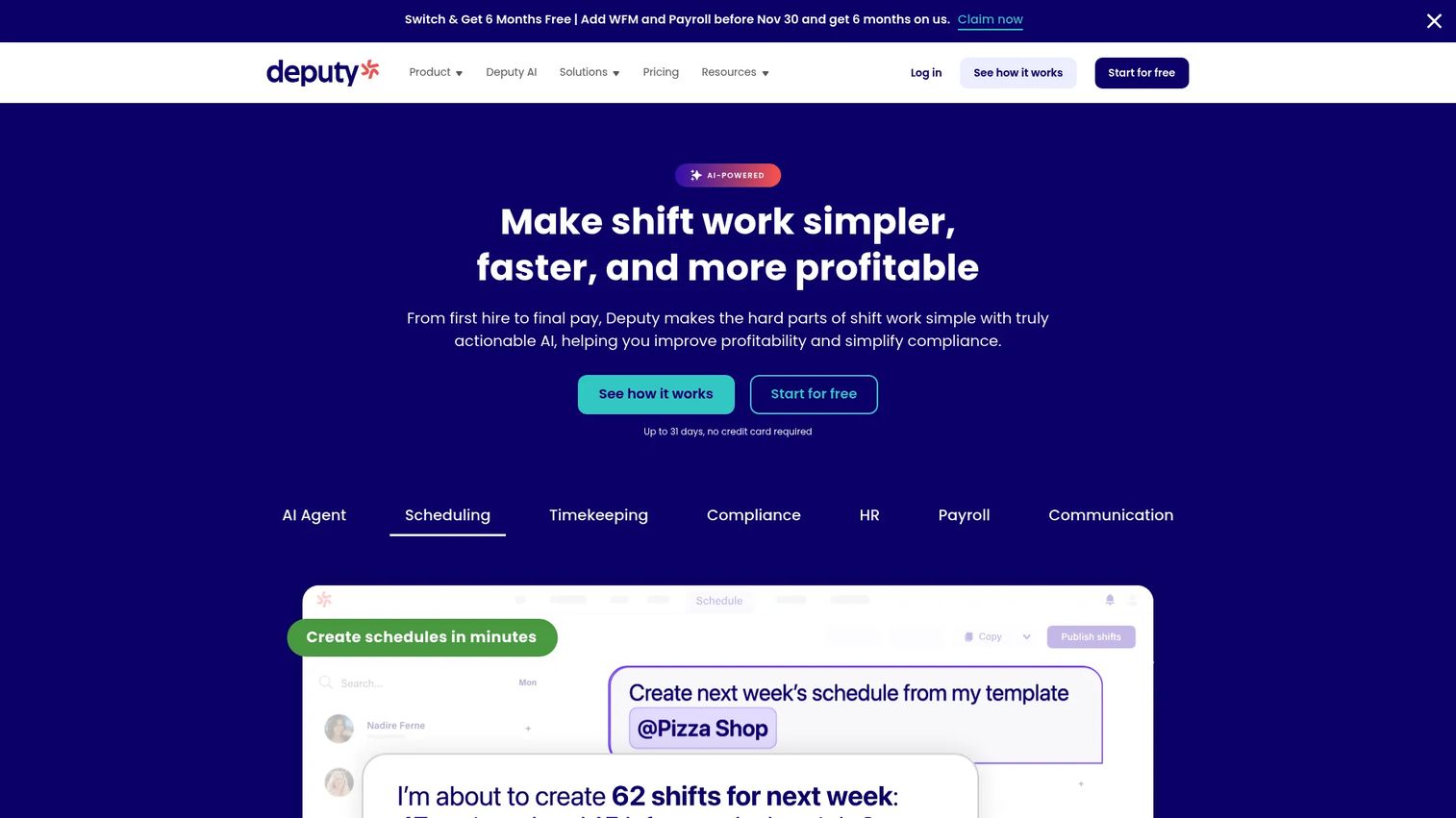 Deputy restaurant scheduling software homepage