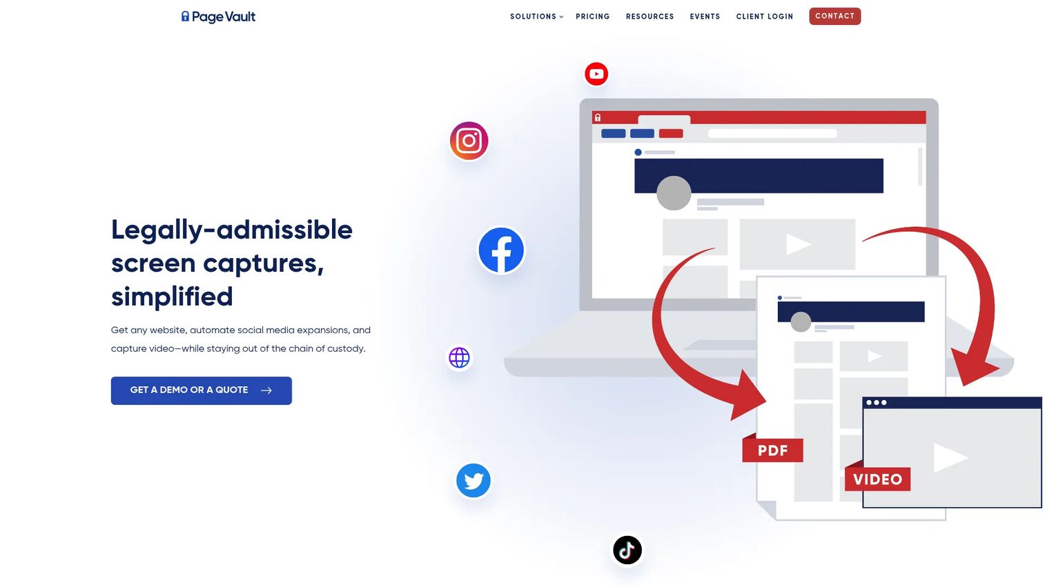 Page Vault homepage showing legal web evidence capture and social media preservation for attorneys and investigators