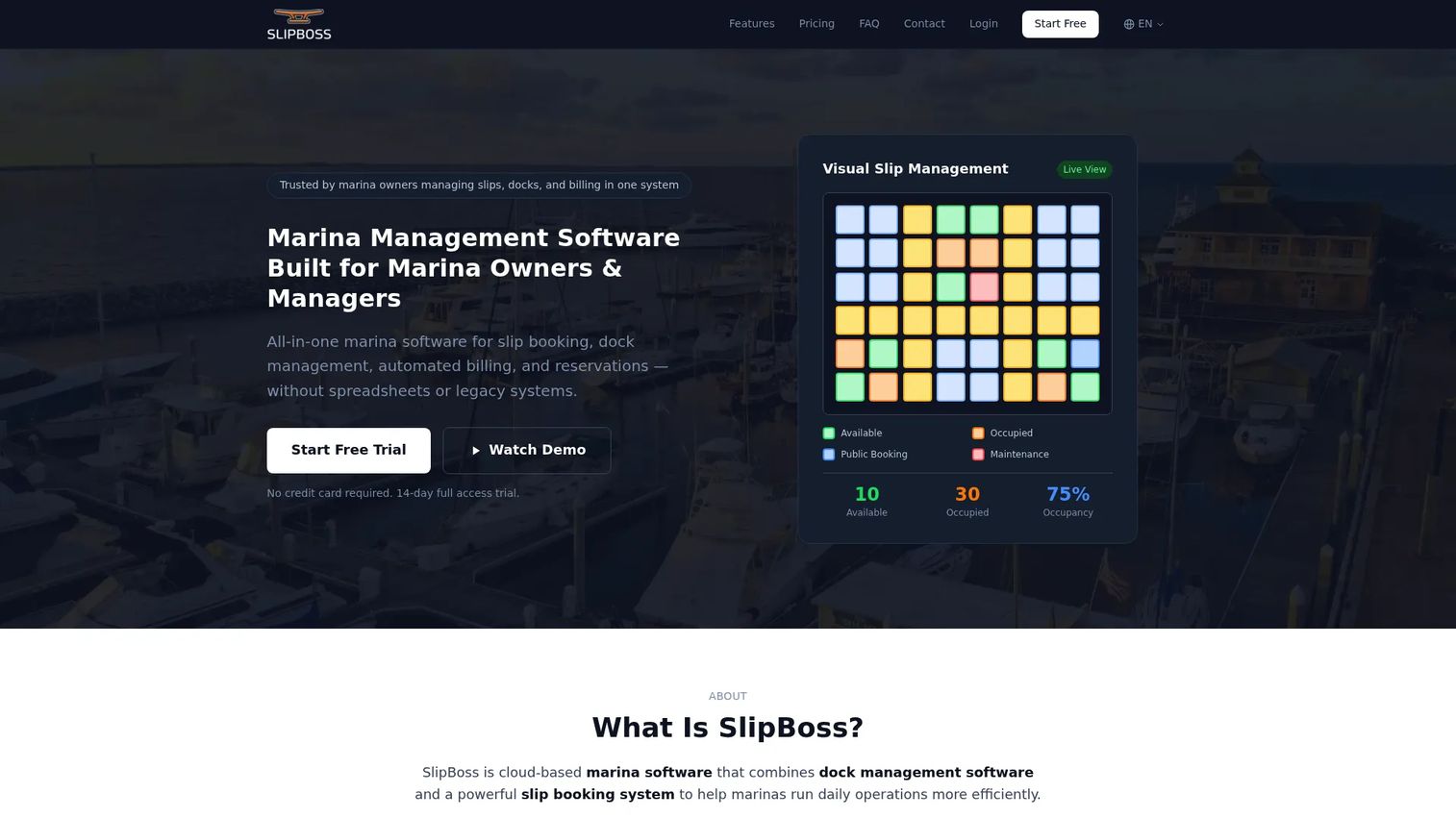 SlipBoss marina software for dock management, reservations, automated billing, and customer records.