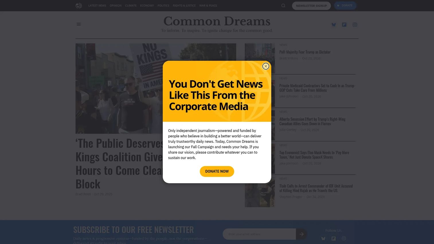 Common Dreams homepage showing progressive independent news and commentary