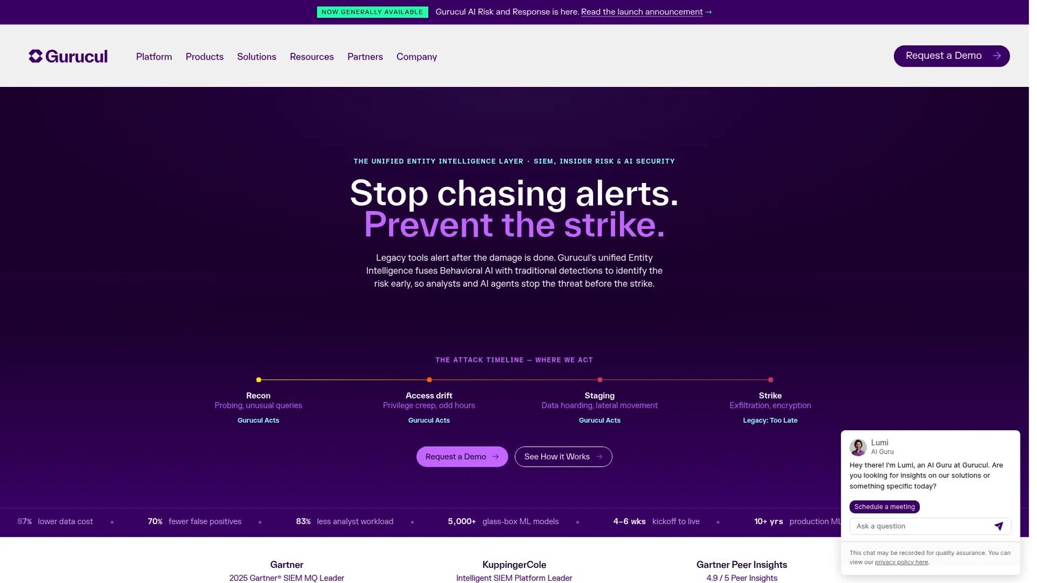 Gurucul risk analytics dashboard showing UEBA scores and abnormal behavior