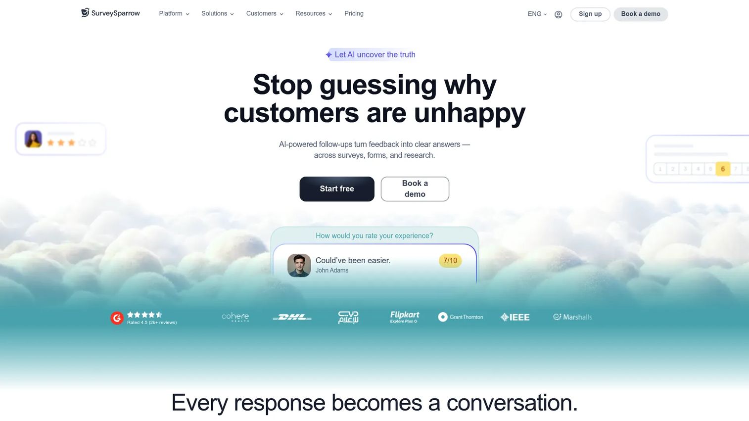 SurveySparrow AI-powered survey platform homepage