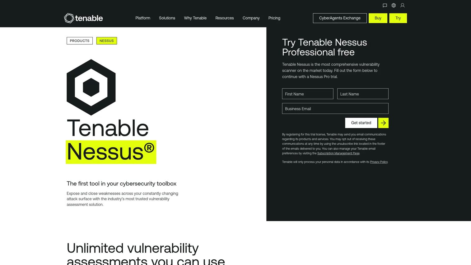 Nessus vulnerability scanning results dashboard