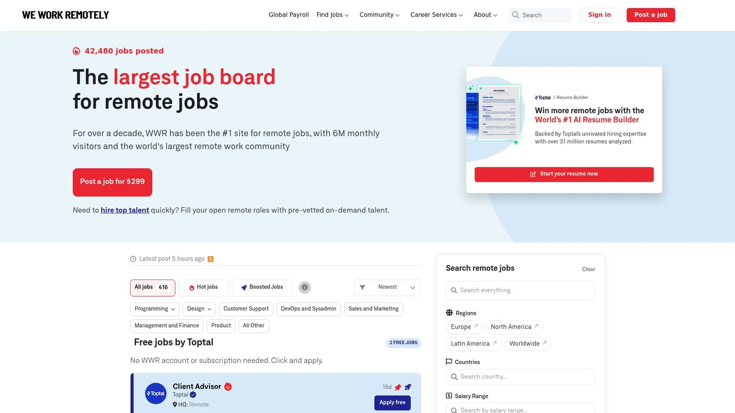 We Work Remotely homepage screenshot