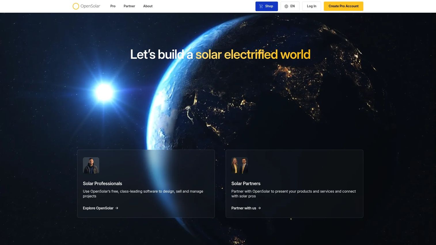 OpenSolar workspace with rooftop layout, system design, and customer proposal tools.