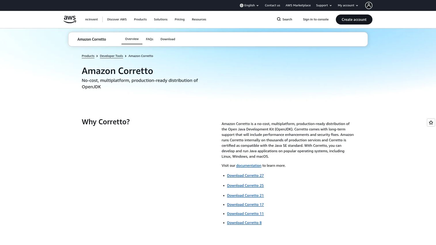 Amazon Corretto JDK distribution download page