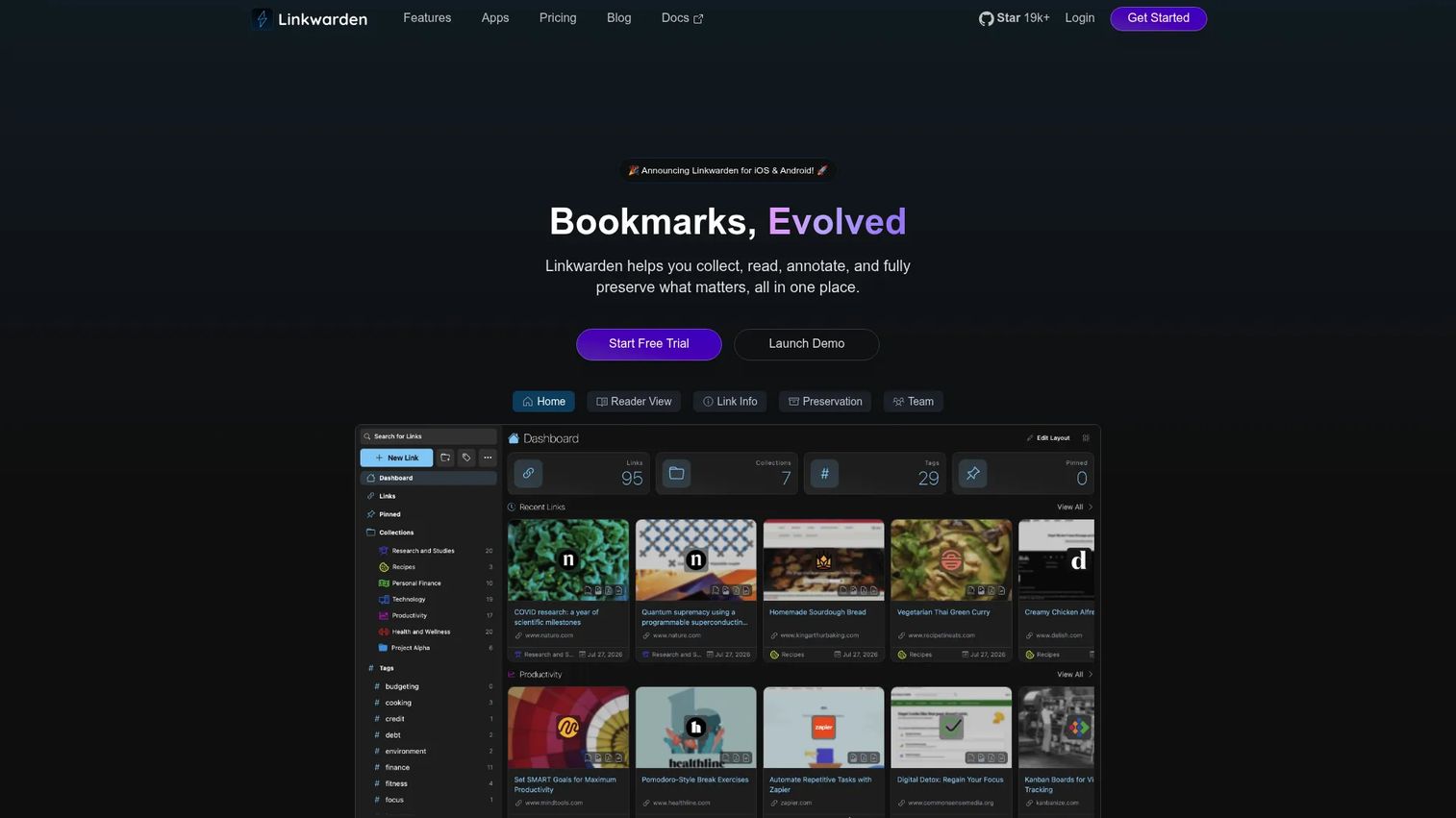 Linkwarden shared bookmark workspace with preserved webpages