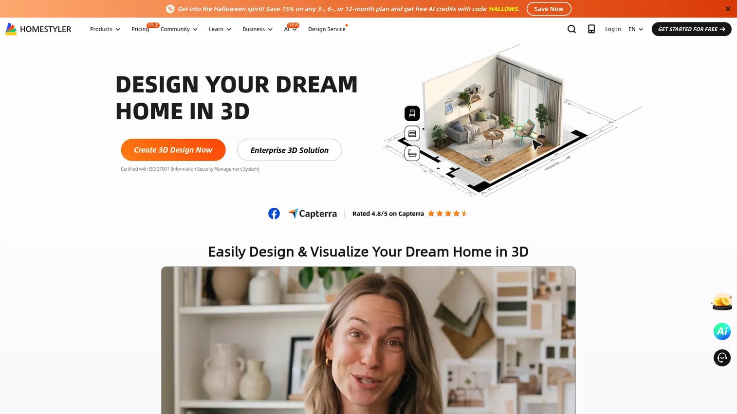 Homestyler interior design software with furniture library and 3D render