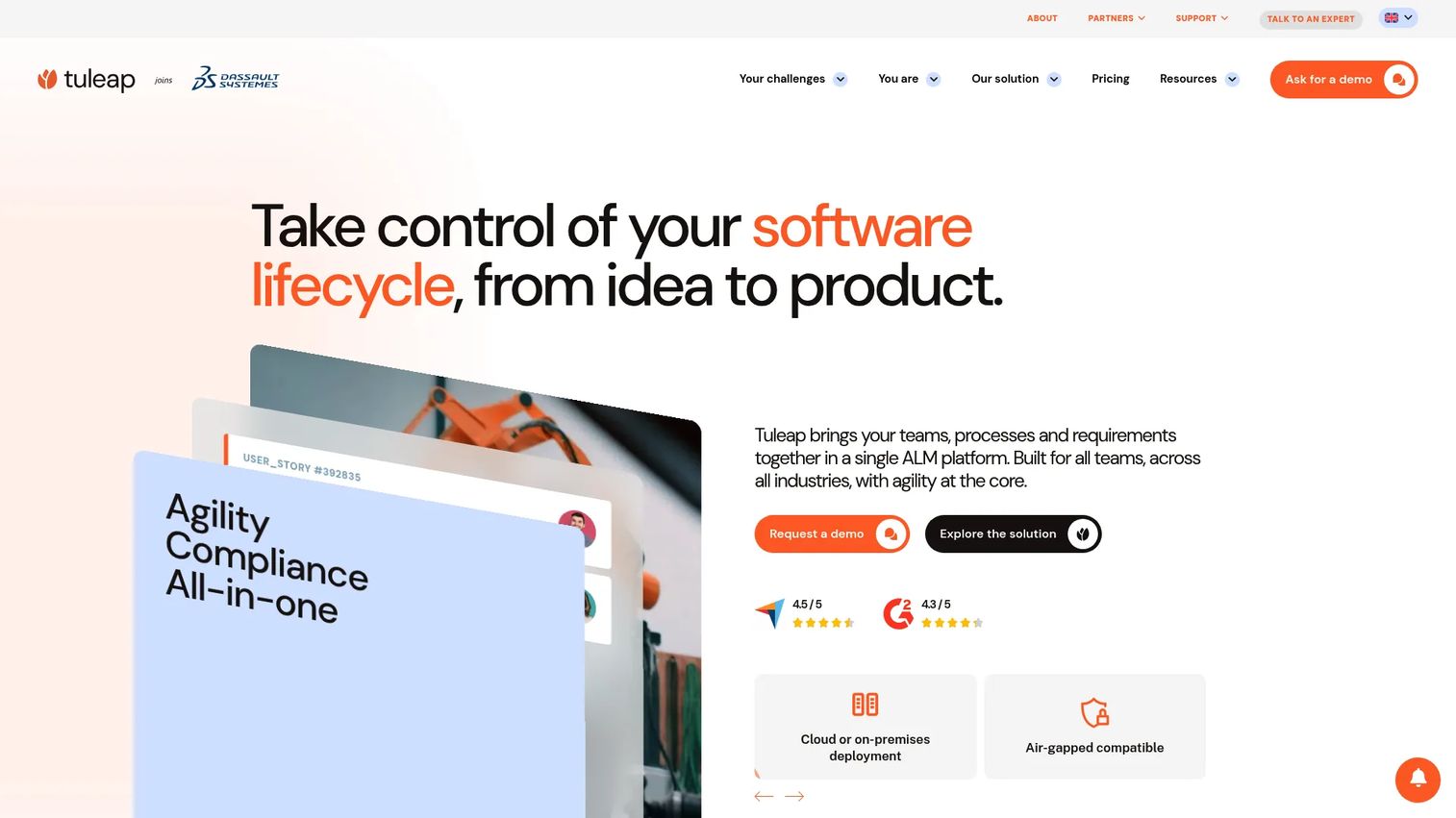 Tuleap interface showing Agile planning, Git repositories, trackers, and test management