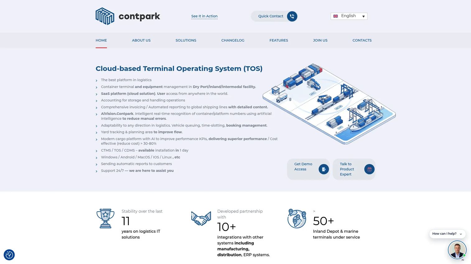 ContPark homepage showing cloud-based container terminal operating system for inland depots and intermodal yards