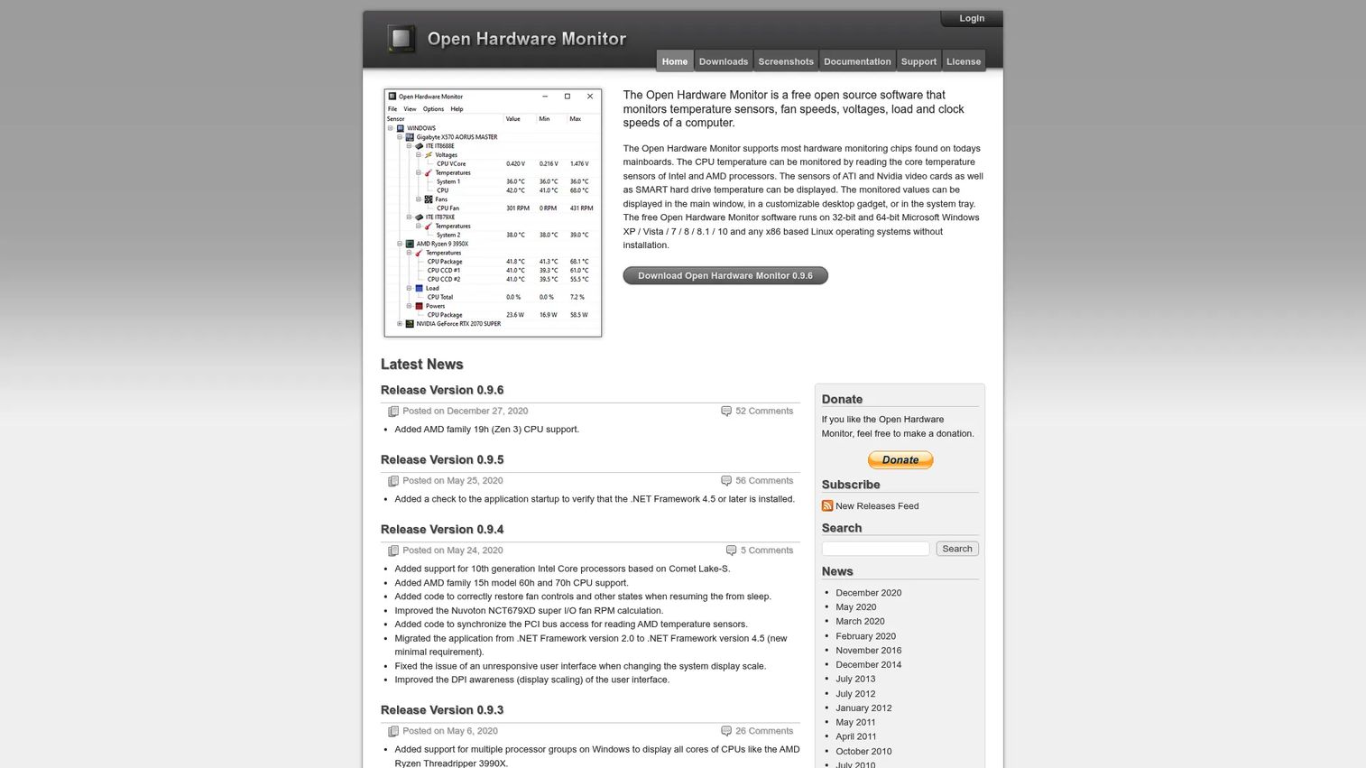 Open Hardware Monitor showing temperatures, fan speeds, voltages, and clock speeds.