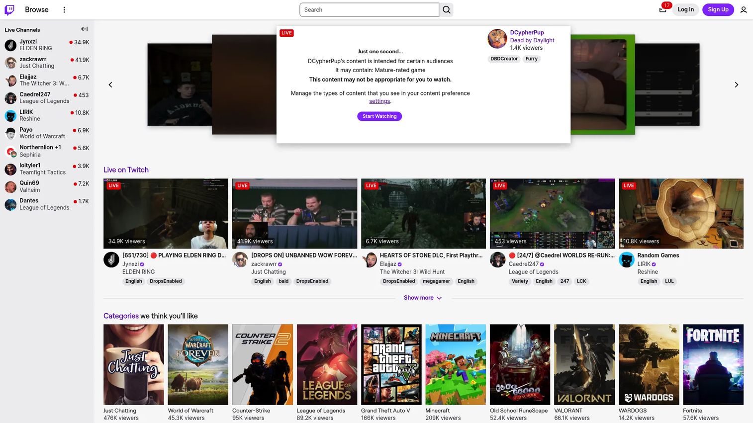 Twitch homepage screenshot