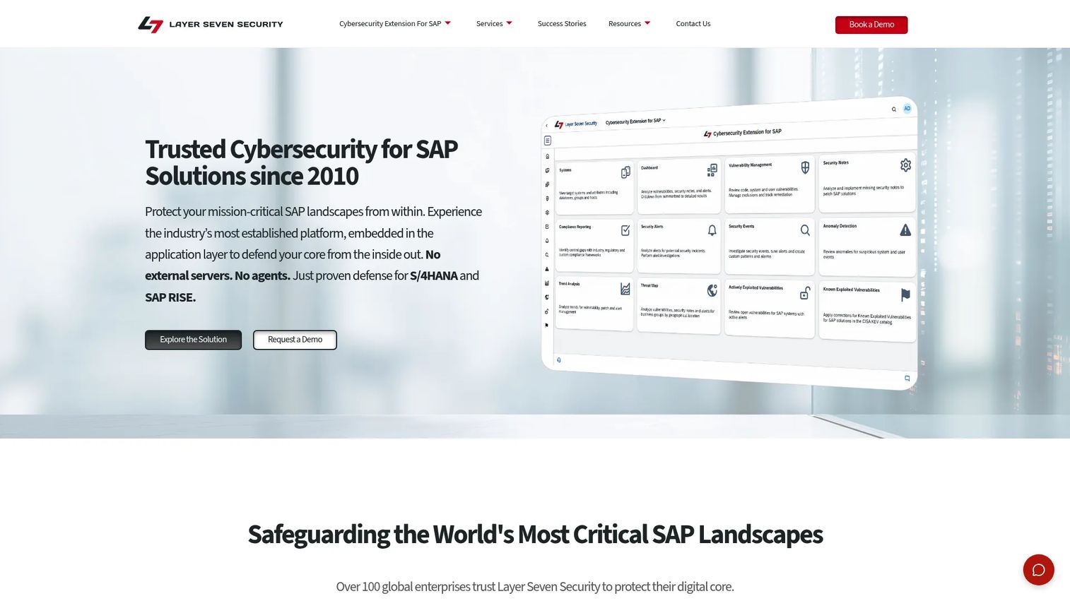 Layer Seven Cybersecurity Extension for SAP showing SAP security controls and vulnerability management