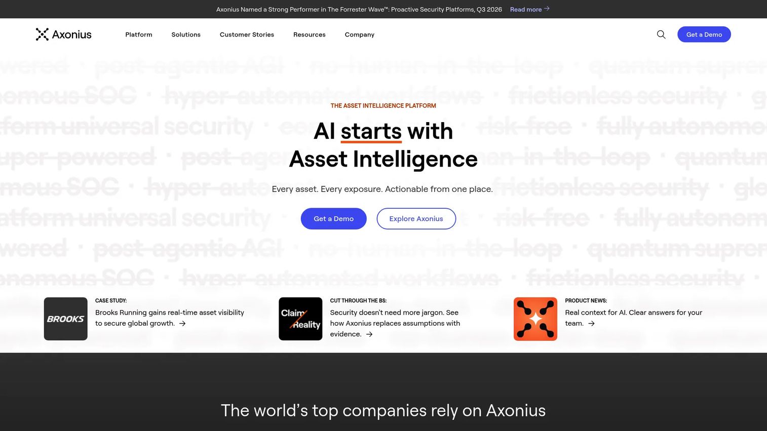 Axonius homepage showing cybersecurity asset management dashboard
