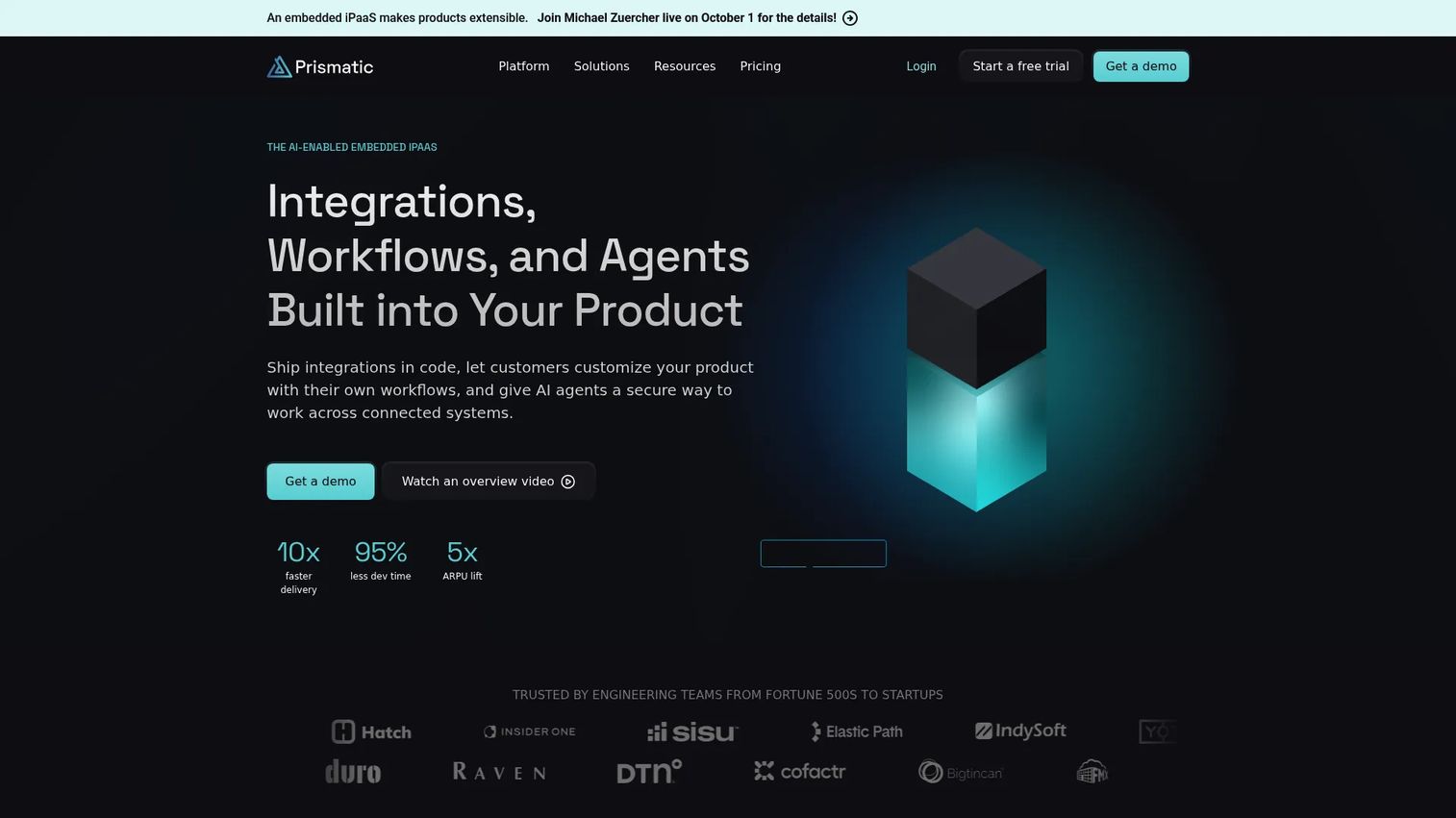 Prismatic embedded integration platform interface for customer facing SaaS workflows