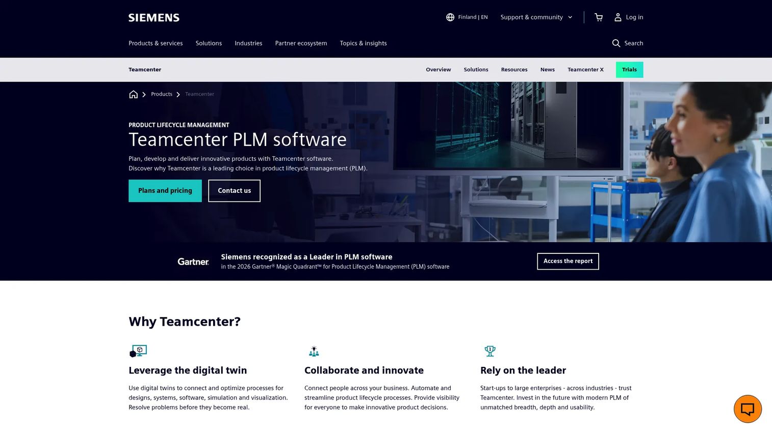 Siemens Teamcenter homepage showing product lifecycle management and systems engineering platform