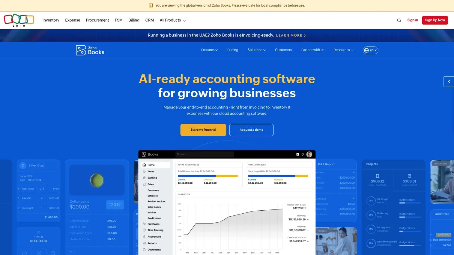 Zoho Books dashboard showing business expenses and accounting records