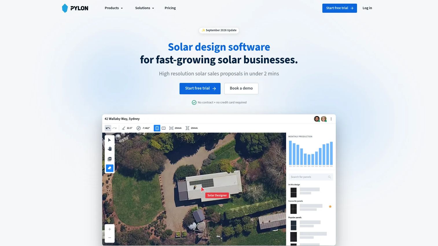 Pylon dashboard showing solar design, battery analysis, proposal tools, and sales pipeline.