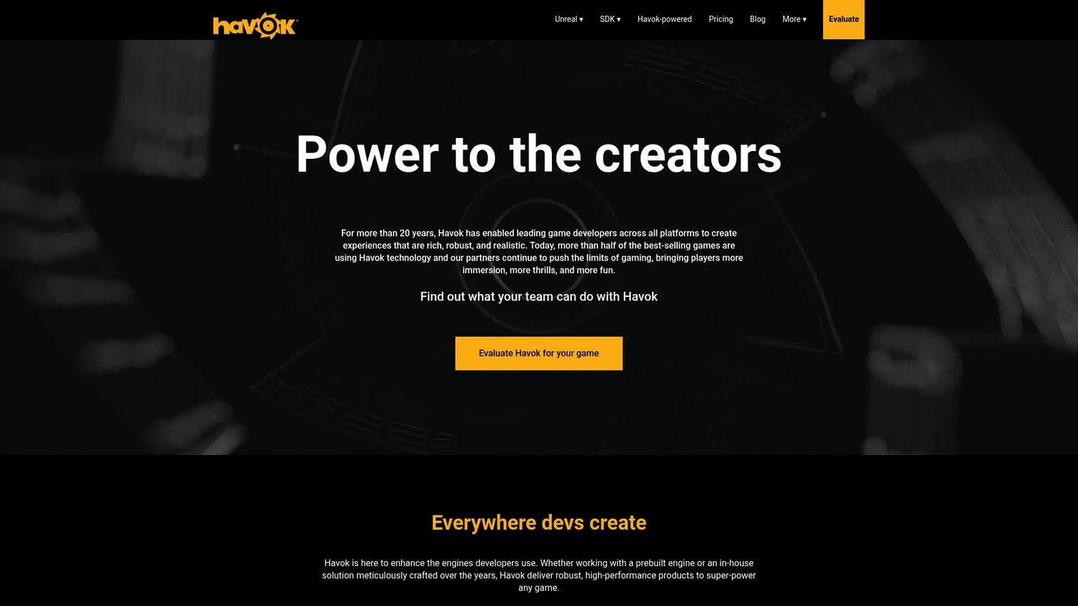 Havok homepage screenshot