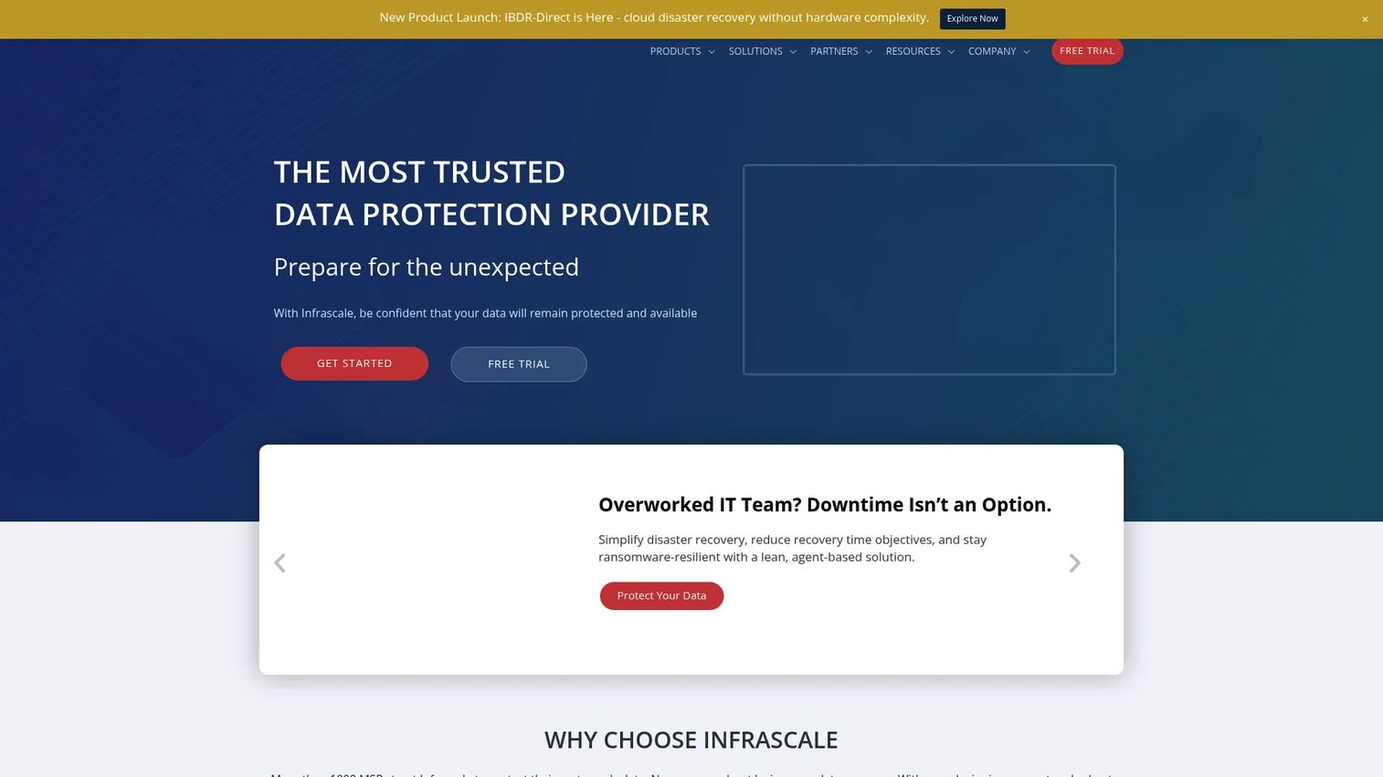 Infrascale Disaster Recovery product page showing cloud backup, failover, and DRaaS features
