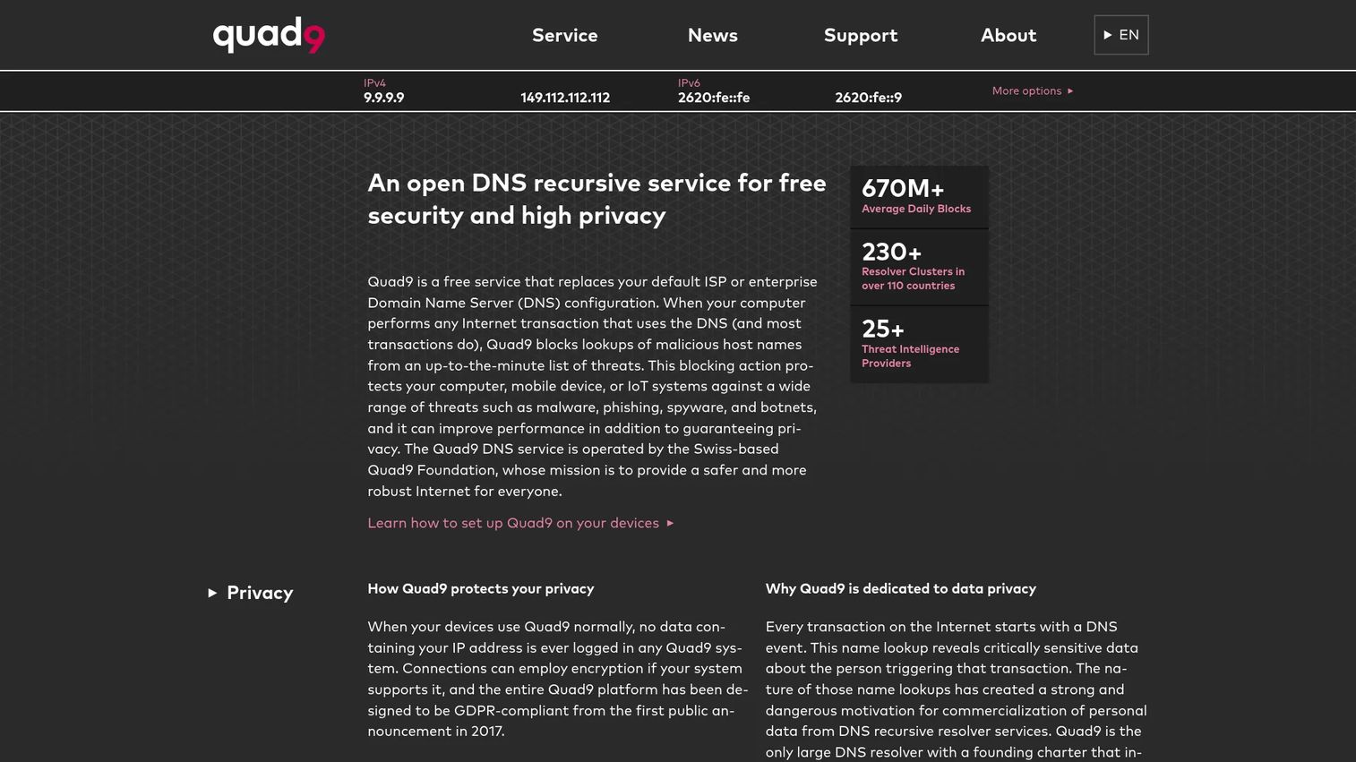 Quad9 protective DNS resolver configuration for malicious-domain blocking.