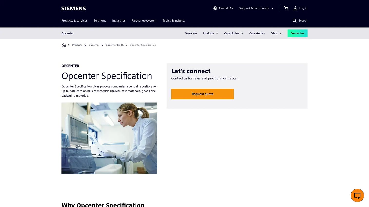 Opcenter Specification interface for manufacturing specification and laboratory workflows