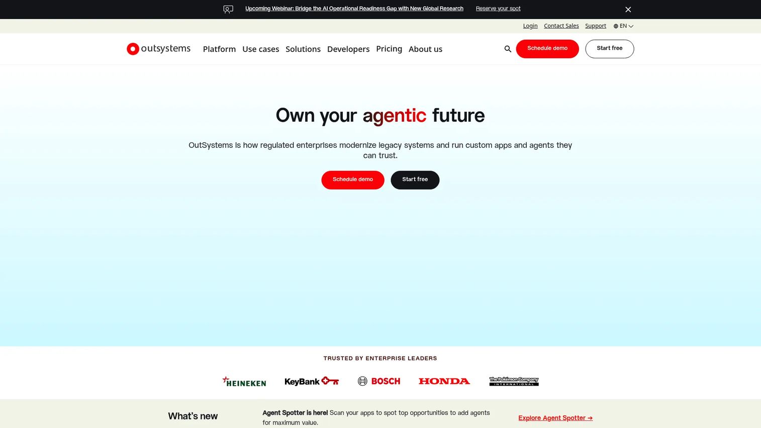 OutSystems low-code development environment showing an enterprise application project