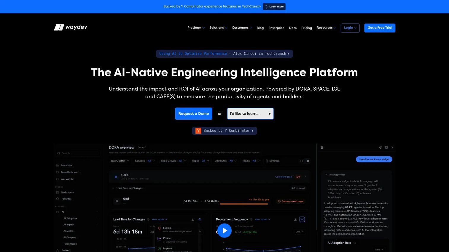 Waydev engineering intelligence platform homepage
