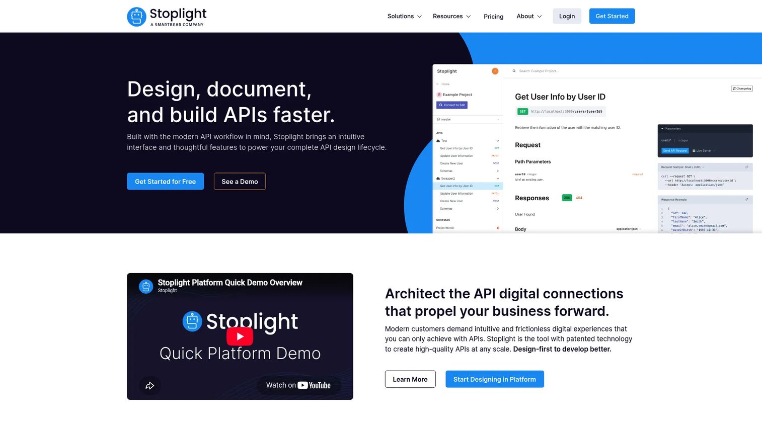 Stoplight API design workspace with OpenAPI documentation and mocking workflow.