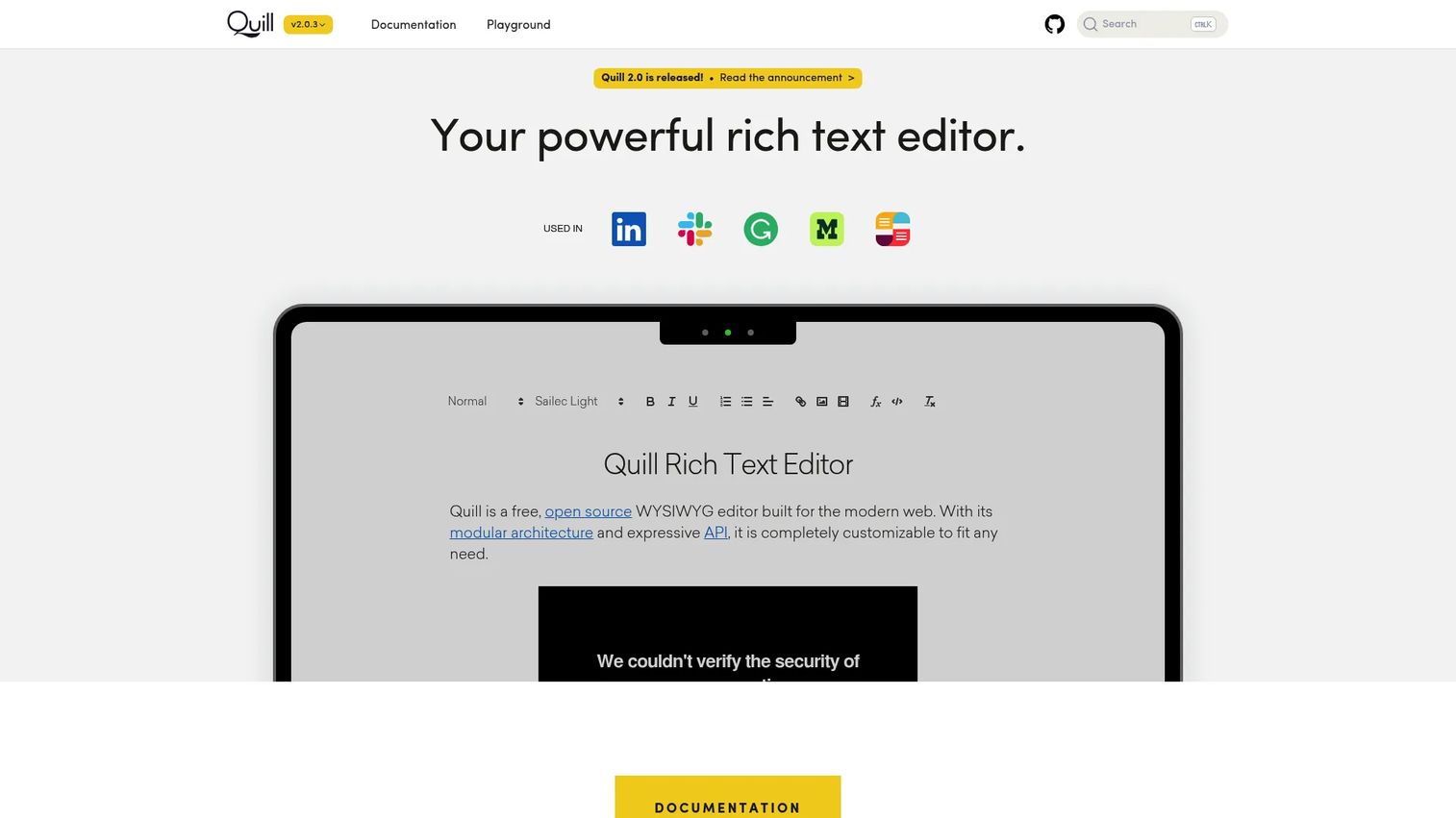 Quill open source WYSIWYG editor using the Snow theme