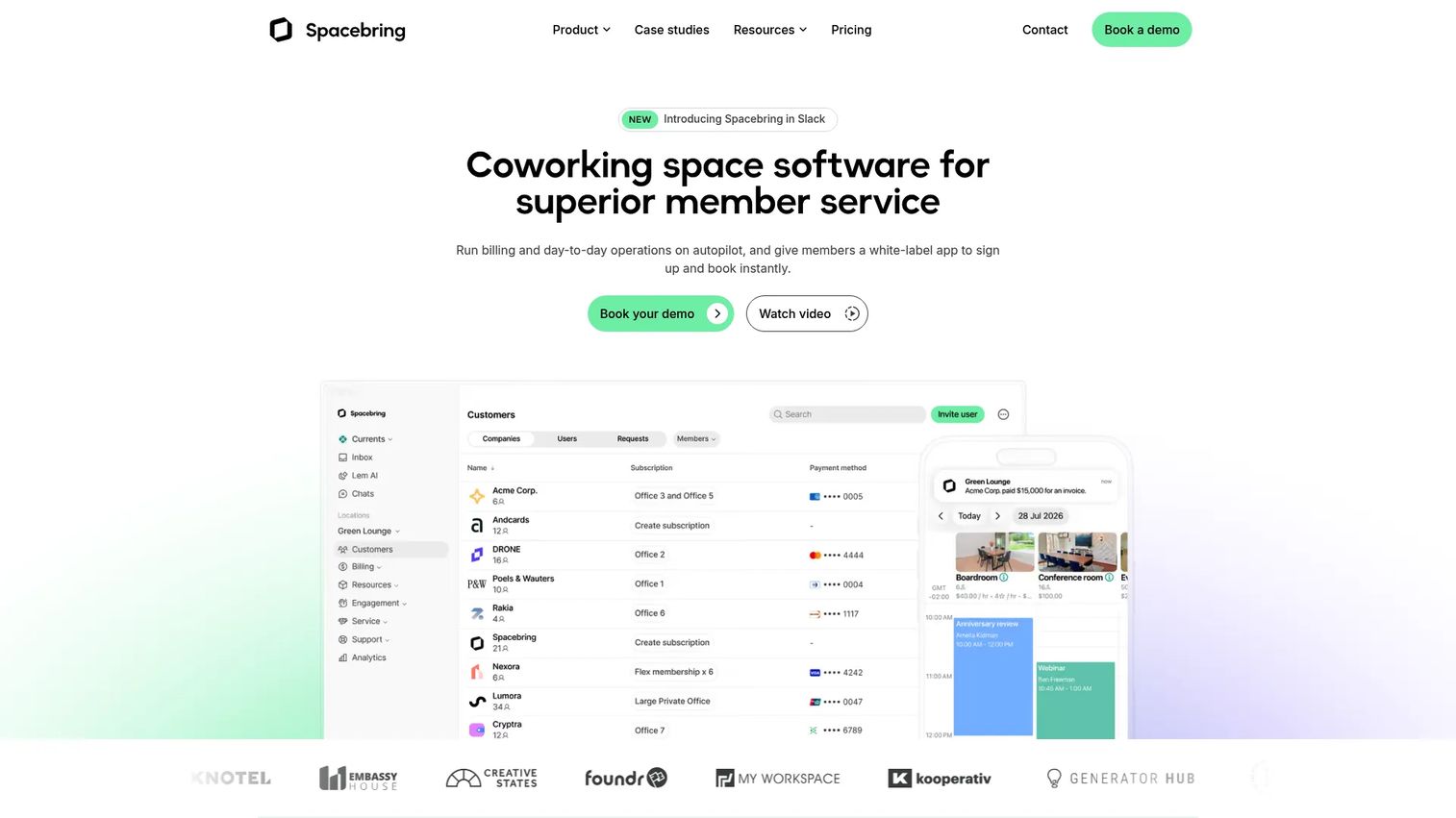 Spacebring member booking flow and billing dashboard