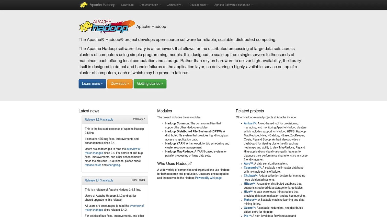 Apache Hadoop architecture with HDFS, YARN, and MapReduce components