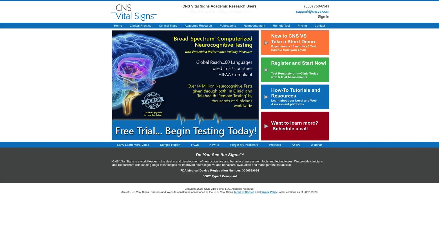 CNS Vital Signs computerized neurocognitive assessment report for clinicians
