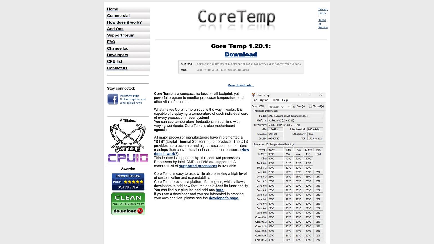 Core Temp showing per-core CPU temperatures and processor load.