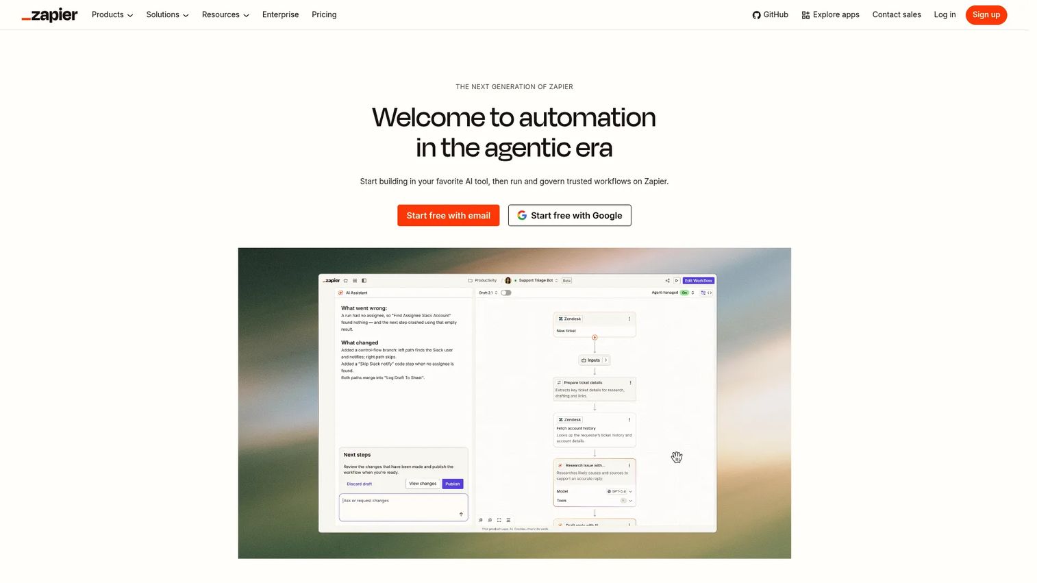 Zapier homepage showing no-code automation connecting apps and building workflows