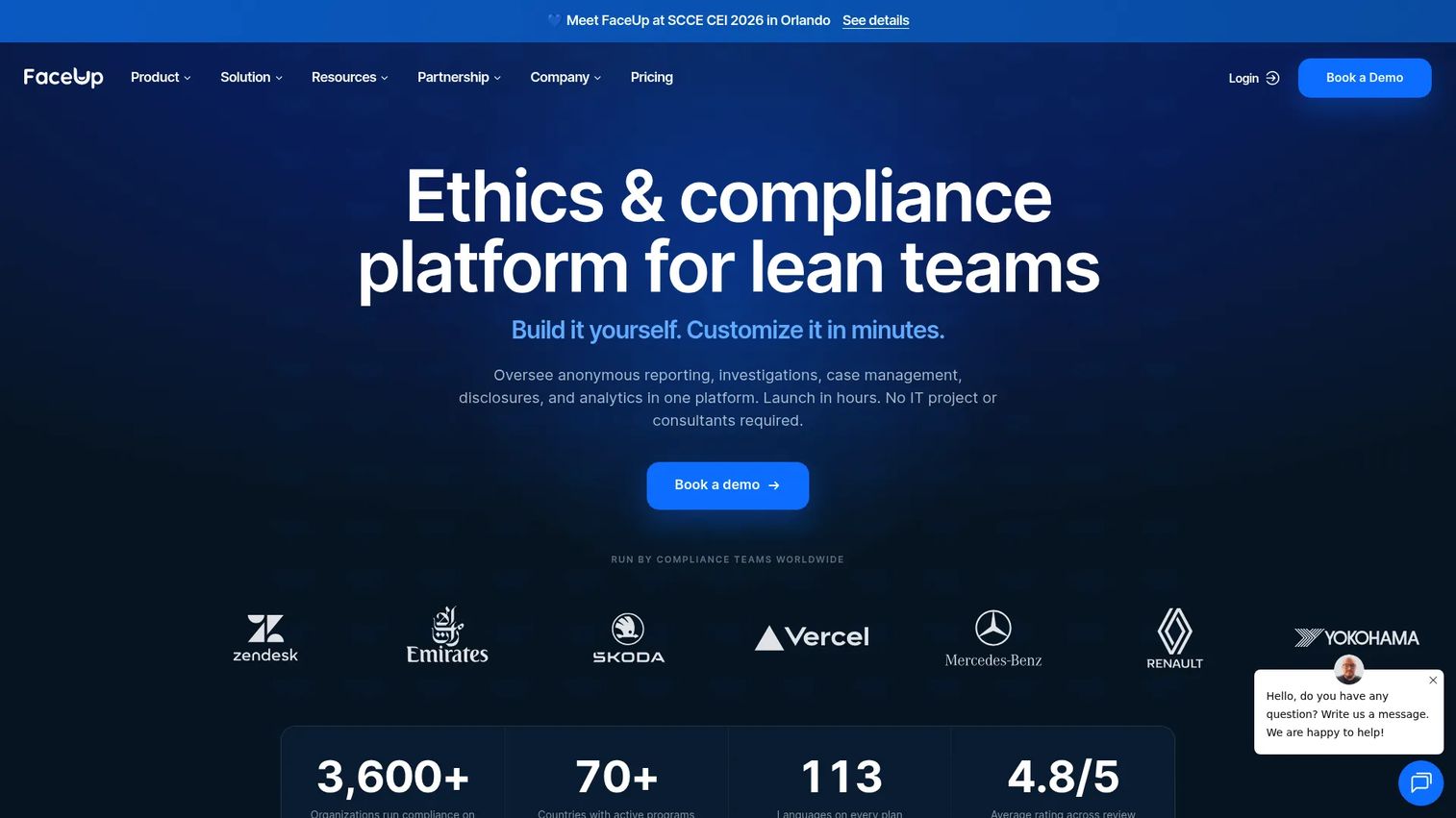 FaceUp ethics and compliance platform showing anonymous reporting, case management, and whistleblowing workflows