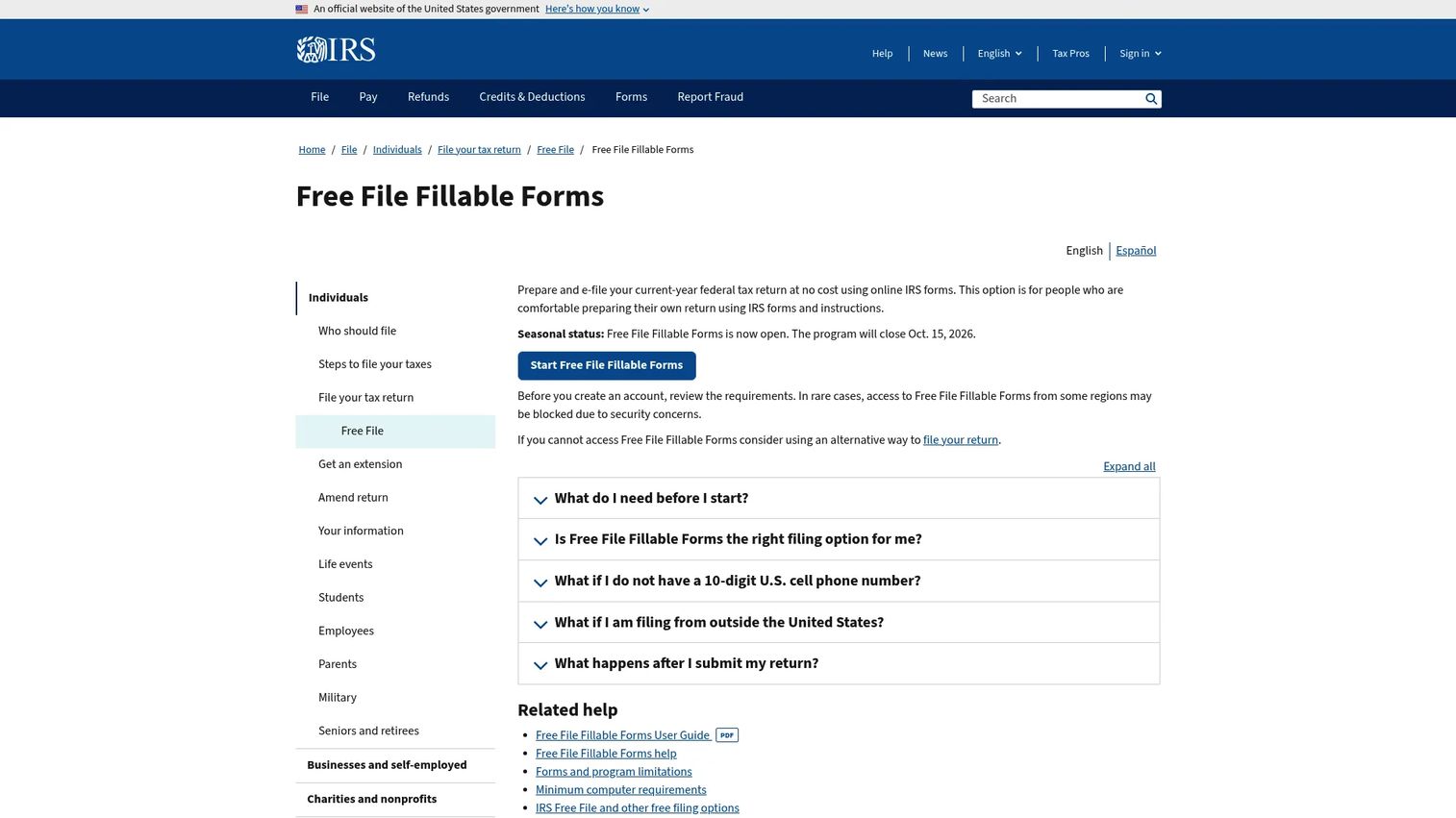 Free File Fillable Forms federal tax filing screen
