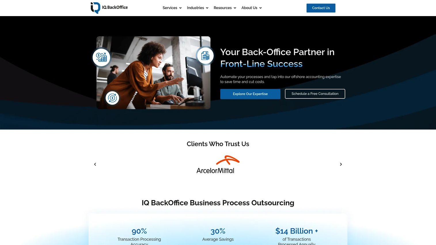 IQ BackOffice BPO company homepage screenshot