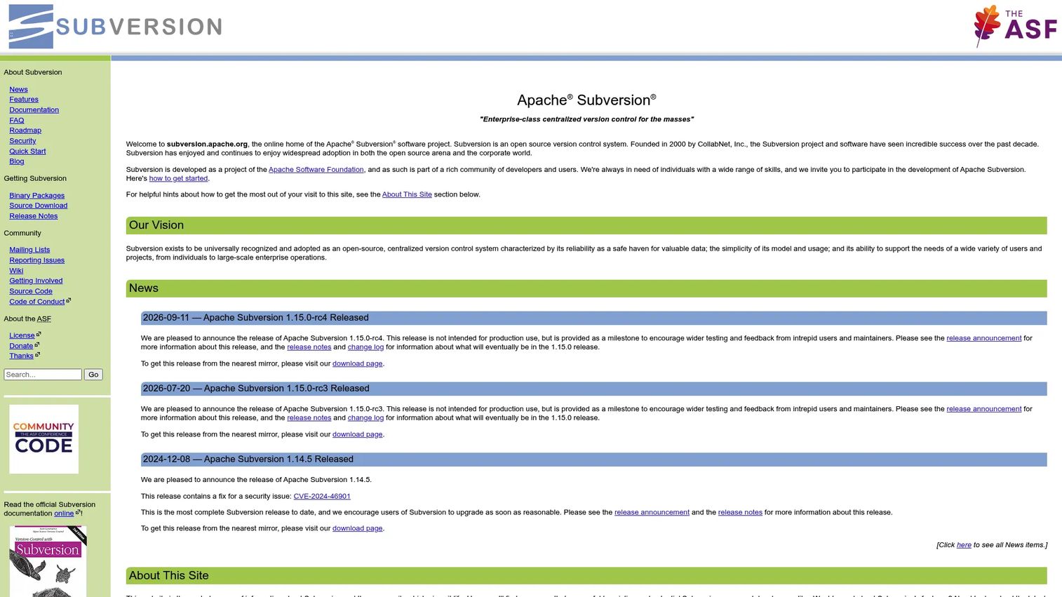 Subversion repository browser showing revision history and centralized folders